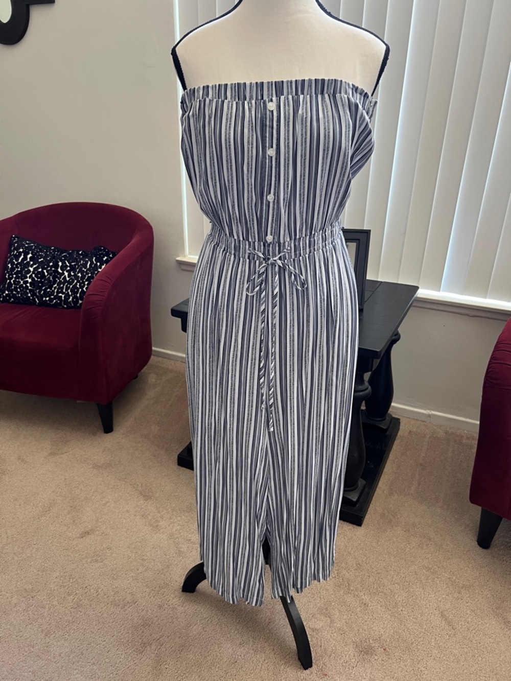 Source Unknown Blue and White Striped Strapless Jumpsuit